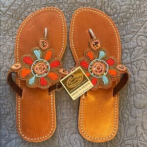 Acacia Swimwear Floral Beaded Leather Sandals - Brown and Multicolor
